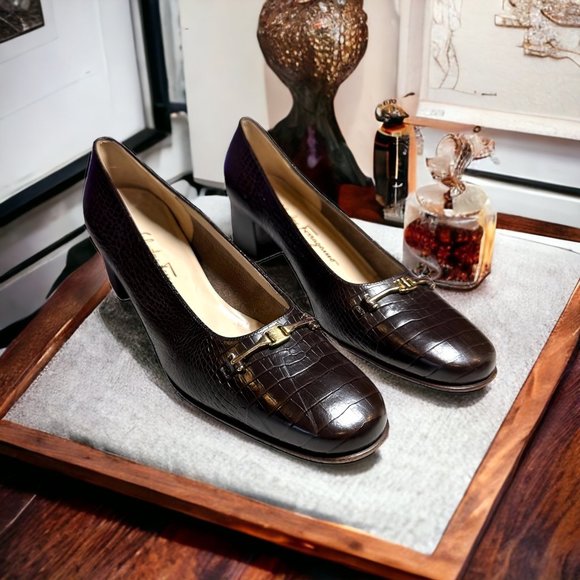 Salvadore Ferragamo Shoes - Salvador Ferragamo Brown Crocodile Print Horsebit Slip On Heels 9B